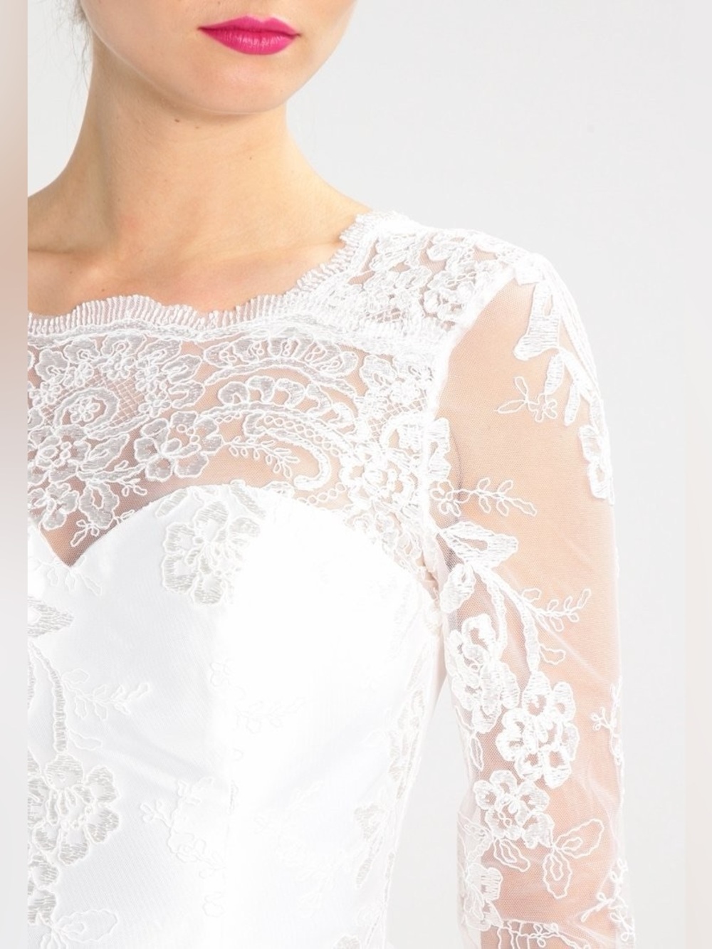 Bridal Sweetheart Neckline Woven Floral Embroidery Tea-Length Wedding Midi Dress - Picture 4 of 16